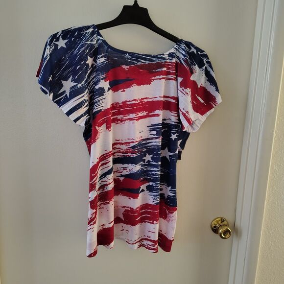 Womens Indigo Soul American Blouse Large Patriotic Rhinestones Stars and Stripes - Picture 4 of 6